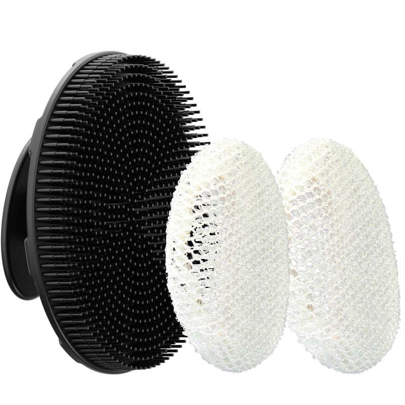 INNERNEED Food-Grade Soft Silicone Body Scrubber Shower Brush Handheld Cleansing Skin Brush, with Exfoliating Net Sponge Case (Black Brush) - Image 1